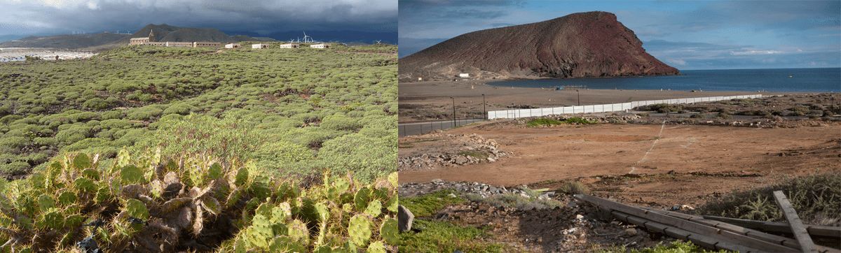 Izqu.: Arico, entre Punta de Abona y Abades; drch.: La Tejita, El Médano, Granadilla de Abona.