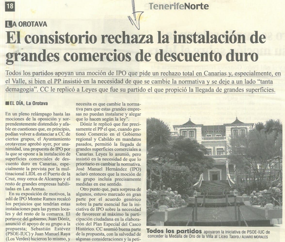 En el Mandato 2012-15, Juan Dóniz acusó a la portavoz del Partido Popular, Carmen Leyes, de que su partido fuera el culpable de la instalación de las grandes superficies comerciales en Canarias. Años atrás ATI-CC y PP habían votado a favor de recalificar los terrenos del Sector 10-Las Arenas, un paso que fue vital para la construcción de las grandes superficies. (Entrevista realiza por la Asamblea Carmen Leyes en 2022: ver vídeo)